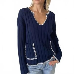 NEW SIX/FIFTY northport v-neck double pocket sweater in navy